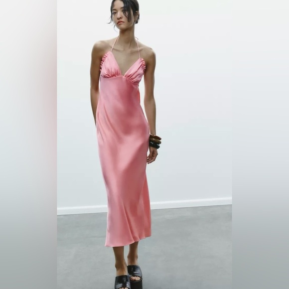 Klesis Pink Midi Satin dress with V-neck open back - Picture 1 of 8